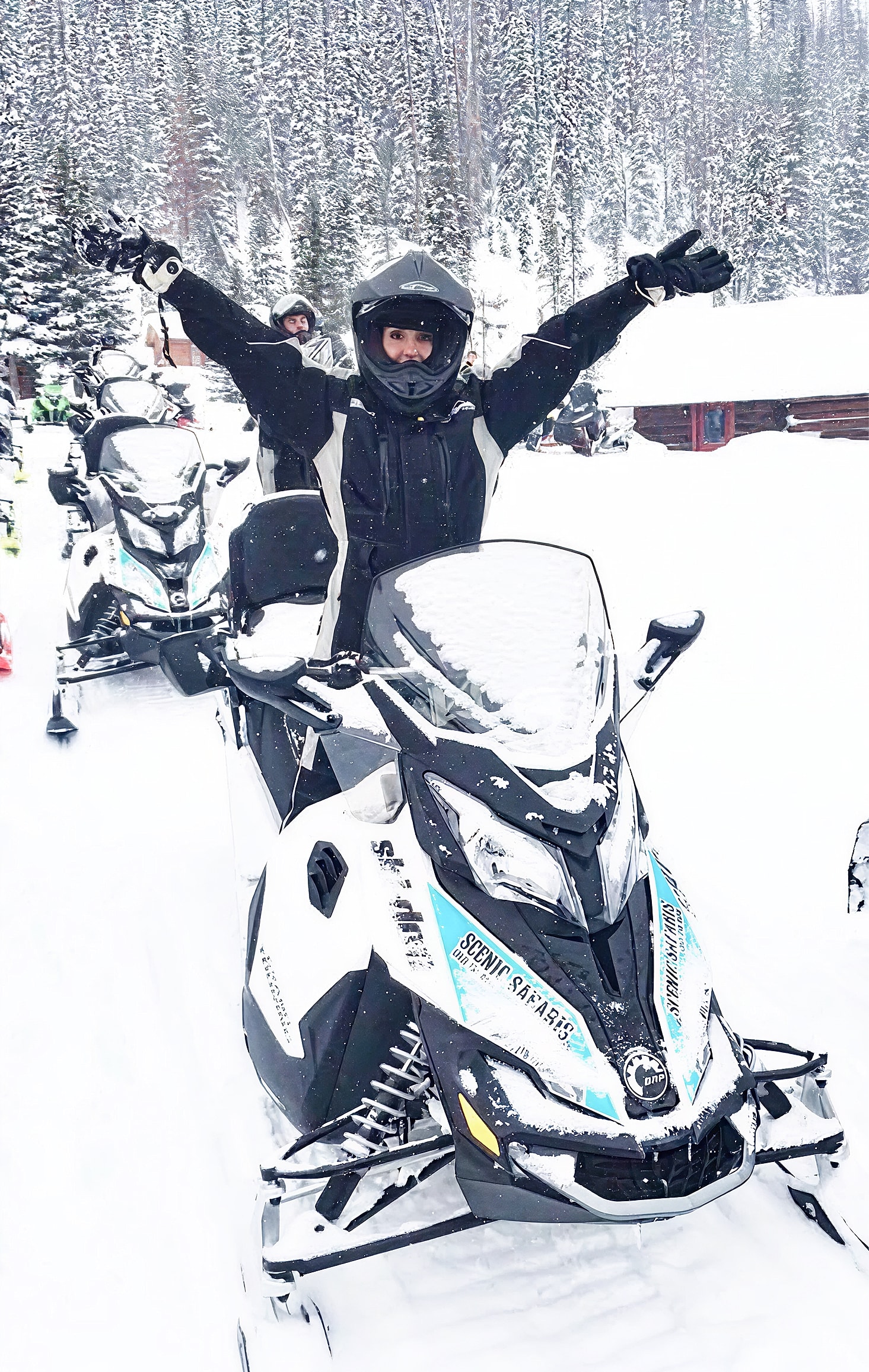 Person celebrating on a snowmobile in the snow.